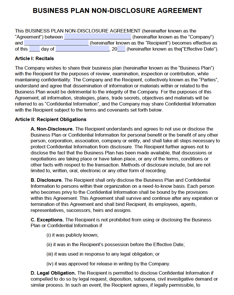 Free Business Plan NonDisclosure Agreement (NDA) PDF