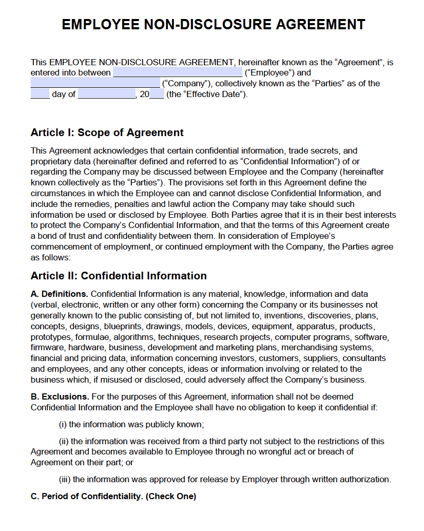 Free Employee Non-Disclosure Agreement (NDA)  PDF  Word (.docx) Throughout word employee confidentiality agreement templates