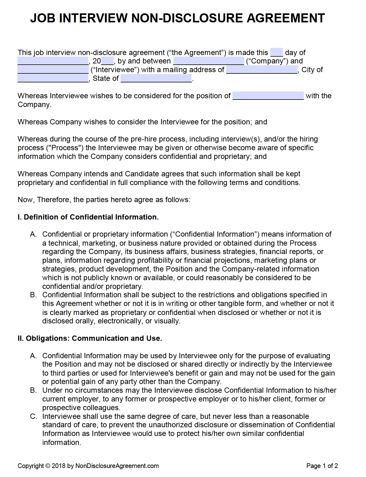 Free Job Interview Non-Disclosure Agreement (NDA)  PDF 