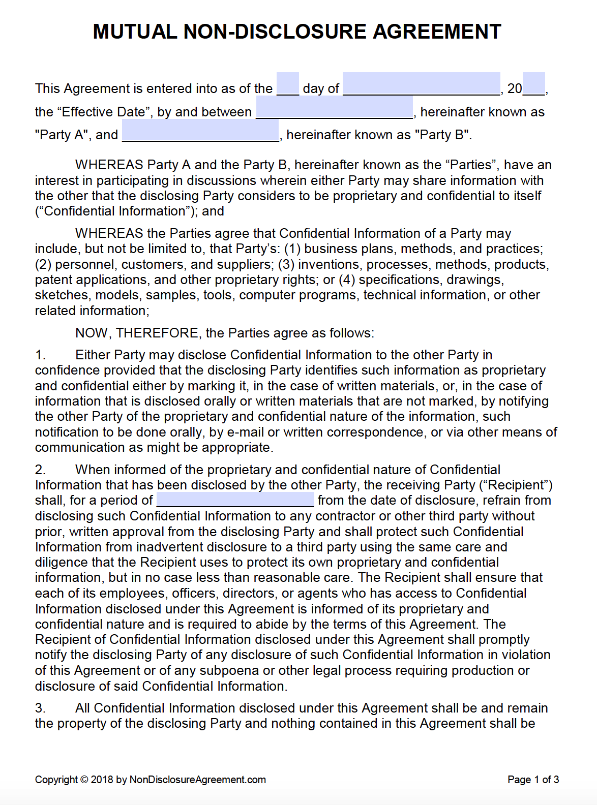 Free Mutual Non-Disclosure Agreement (NDA)  PDF  Word (.docx) Inside unilateral non disclosure agreement template
