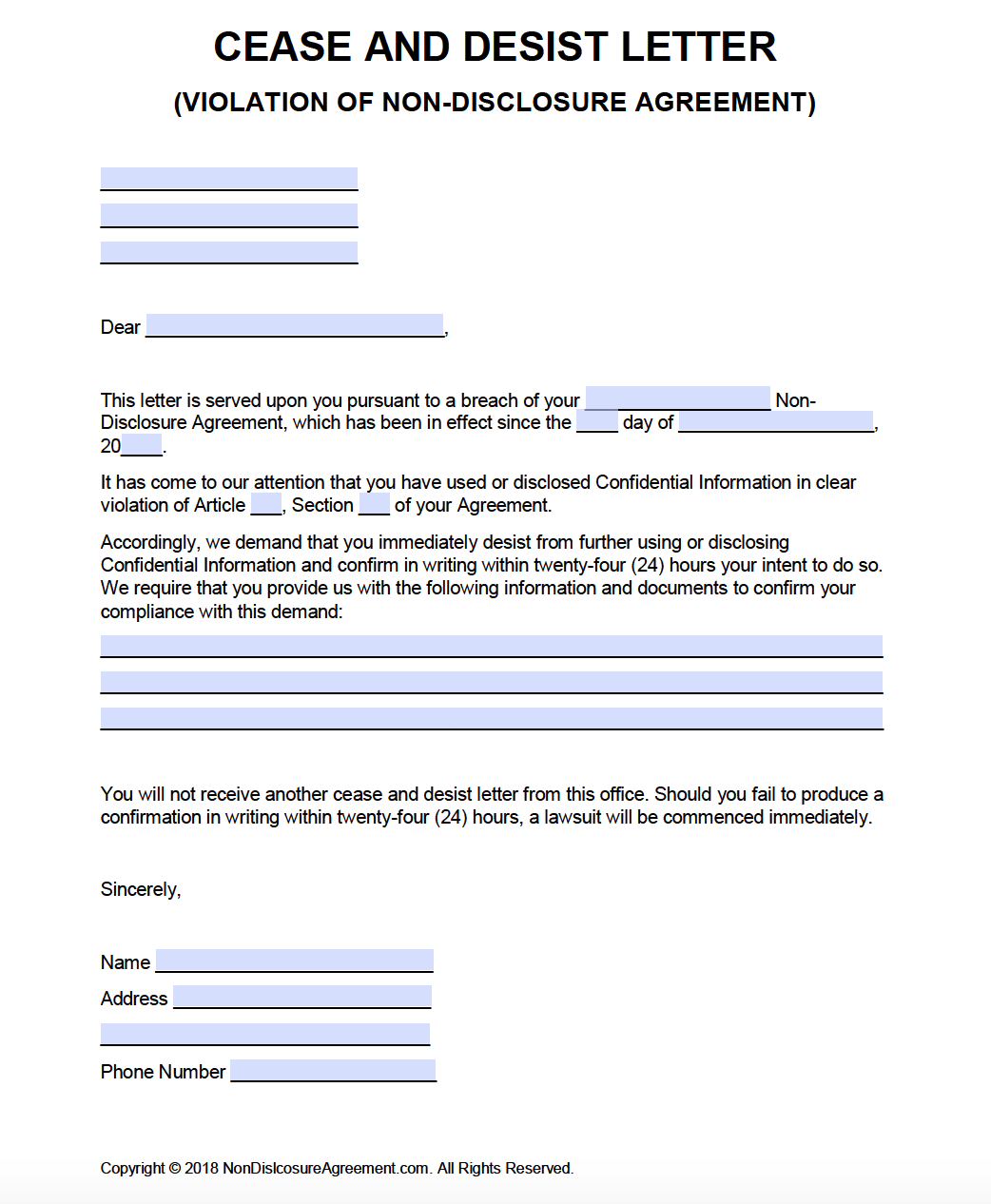 Free Cease and Desist Letter for NDA Violation | PDF | Word (.docx)