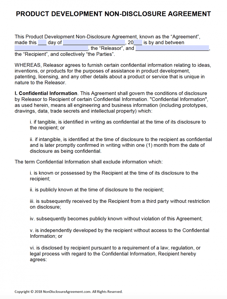 Free Product Development Non Disclosure Agreement NDA PDF Word 