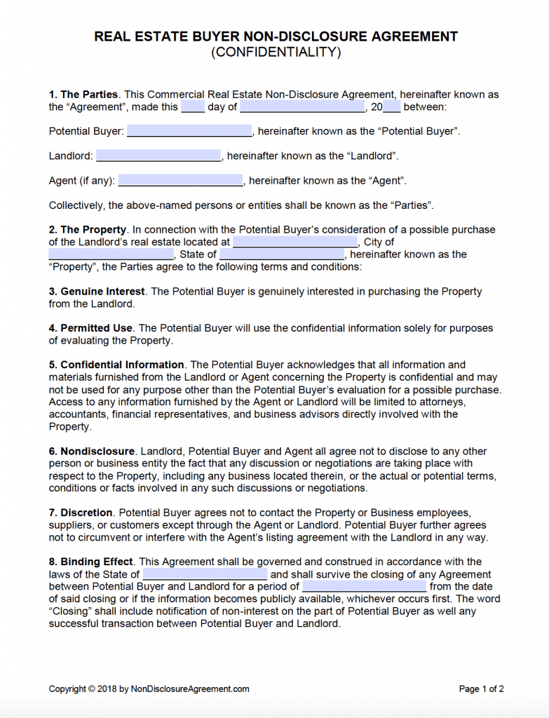 Free Real Estate Buyer (Confidentiality) Non-Disclosure Agreement Throughout non disclosure non circumvention agreement template