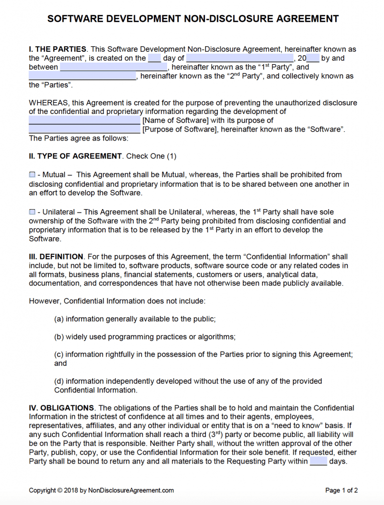 Free Software Development Non-Disclosure Agreement (NDA)  PDF Intended For unilateral non disclosure agreement template