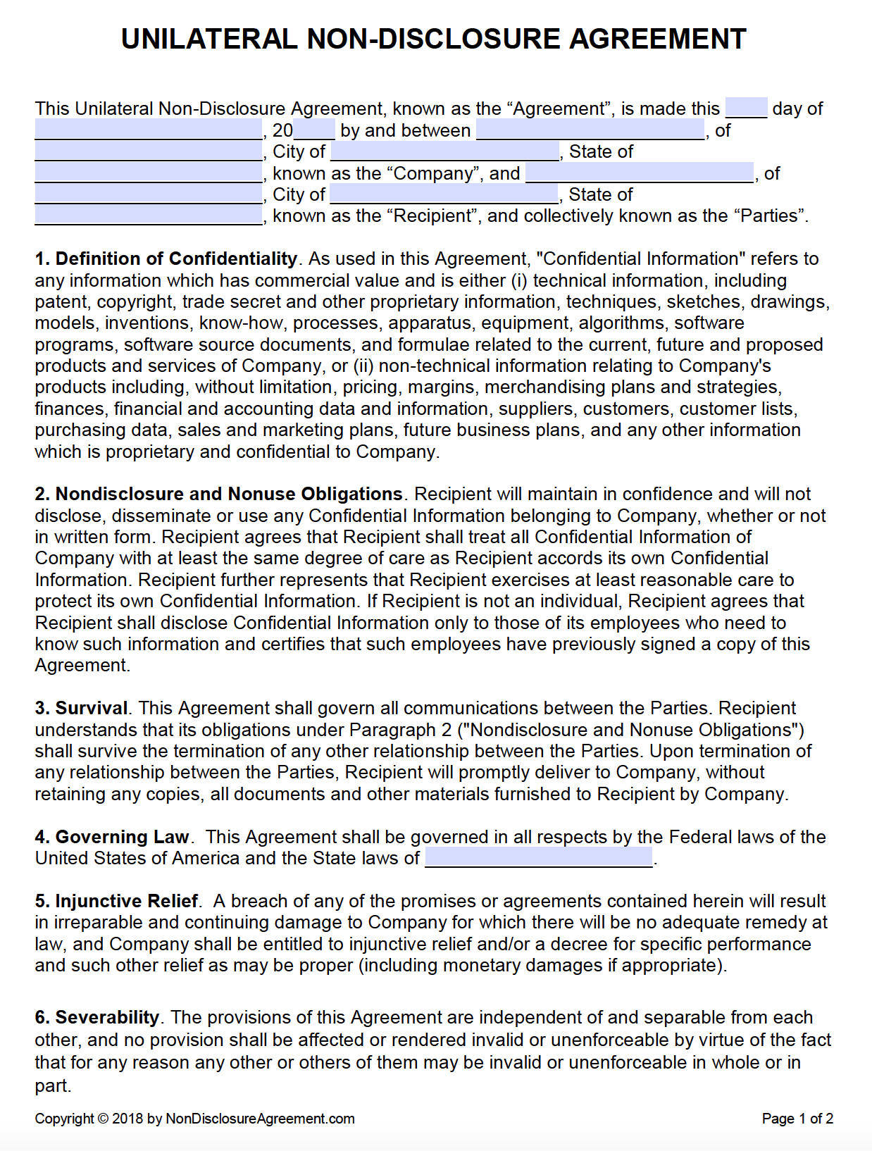 Free Unilateral NonDisclosure Agreement NDA  PDF  Word .docx