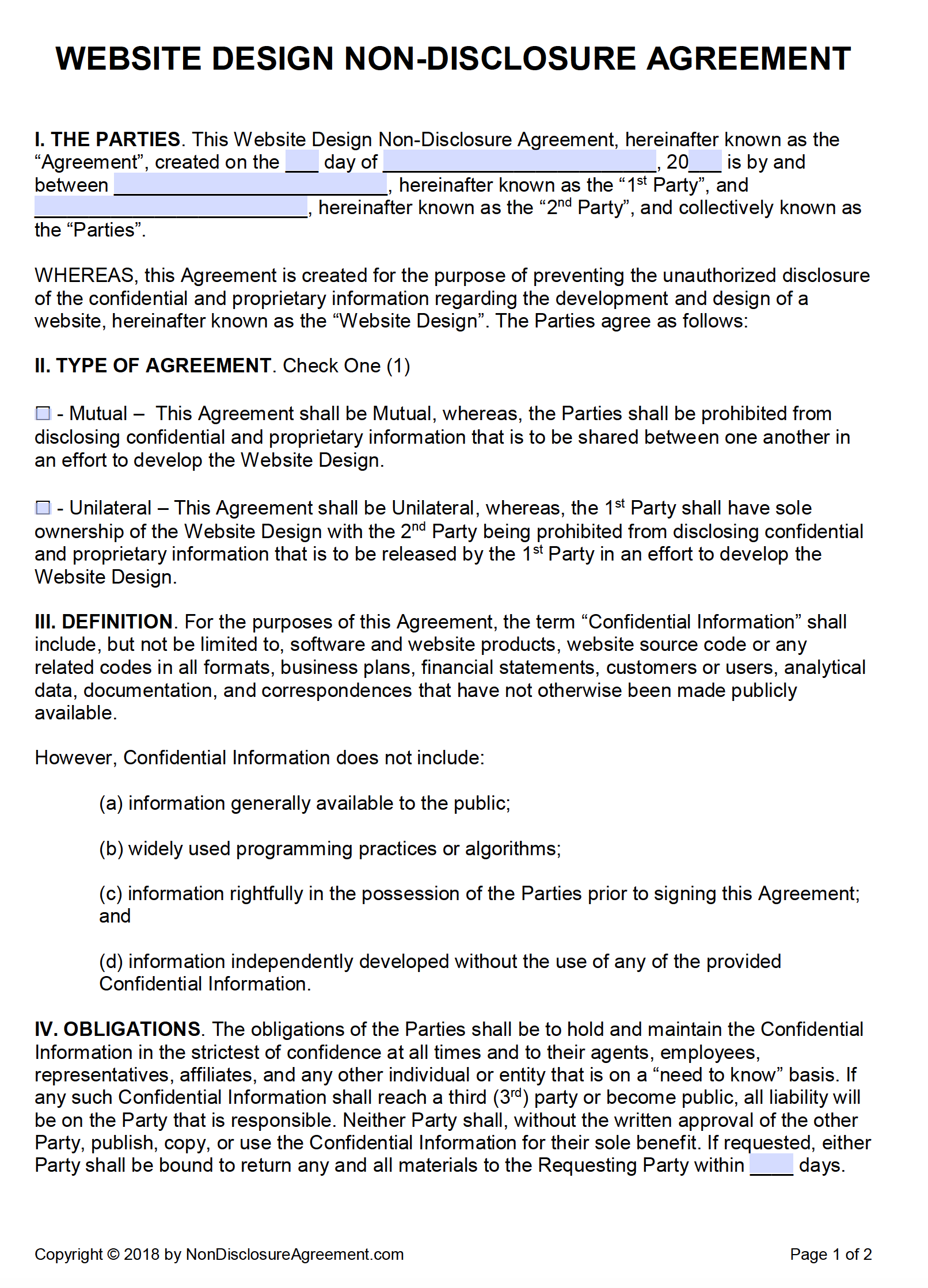 Free Website Design Non-Disclosure Agreement (NDA)  PDF 