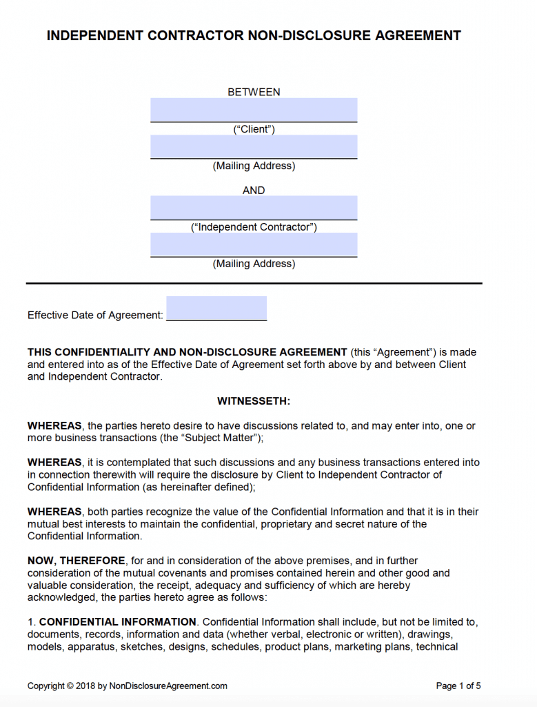 Free Independent Contractor Non-Disclosure Agreement (NDA ...