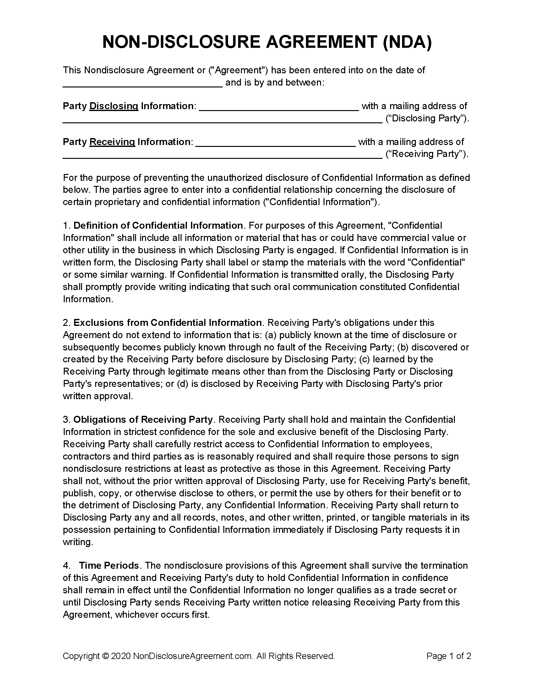 Non Disclosure Agreement Nda Template Sample